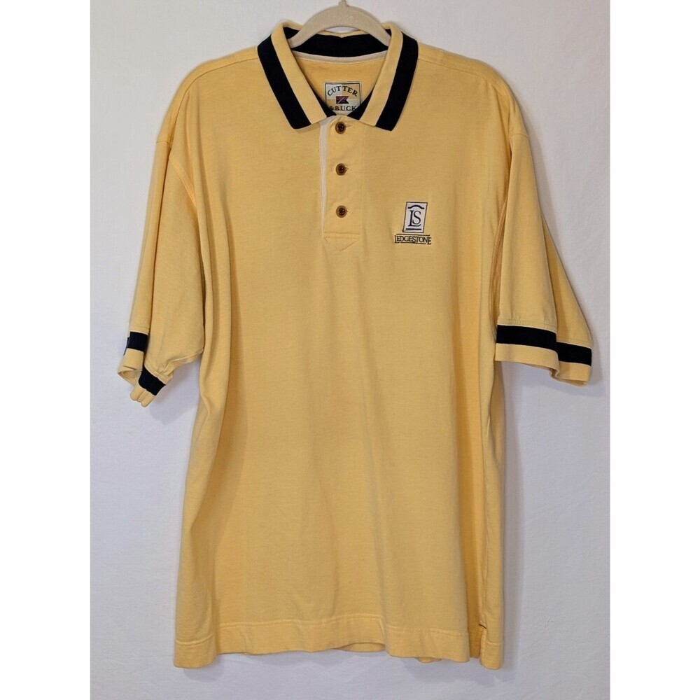 Vintage Cutter & Buck Ledgestone Golf Polo Shirt Yellow Navy Trim Mens Large